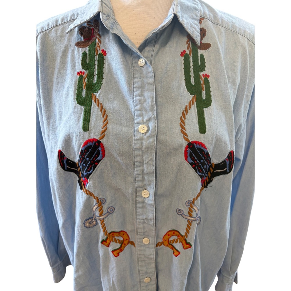 Vintage Western Denim Button Down Shirt Embroidered Cowboy Boots Cactus Sz 14 - Picture 2 of 8